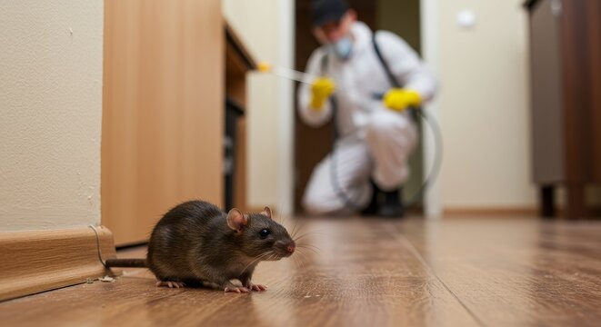 Rodent Control: Protecting Your Home from Pests - A rat in focus in a home setting, with a pest control professional blurred in the background, showcasing effective rodent removal services