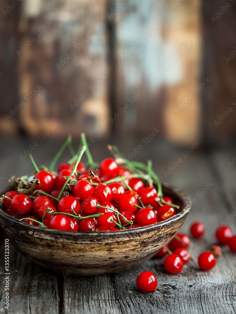 Aufkleber fresh red cherries in a rustic wooden bowl on a textured wooden surface creating a wholesome look : 