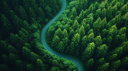 Winding road journey through a dense green forest from a bird's eye view