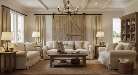 Rustic Farmhouse Living Room Interior Design - Cozy and elegant farmhouse living room with beige sofas, wooden barn doors, and warm lighting. Perfect for a relaxing atmosphere