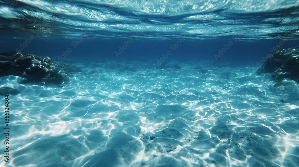 Poster underwater view of crystal clear ocean with sunlight dancing on the sea floor : generative ai