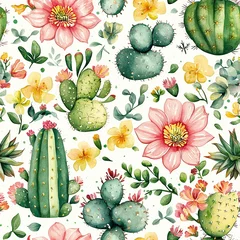 Botanical watercolor illustration, seamless pattern of succulents and blooming cactus