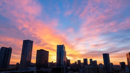 Fototapeta premium Dramatic City Skyline at Sunrise with Colorful Clouds and Tall Buildings in the Foreground : Generative AI