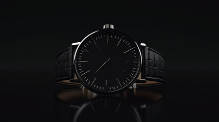 Elegant black wristwatch on dark background.