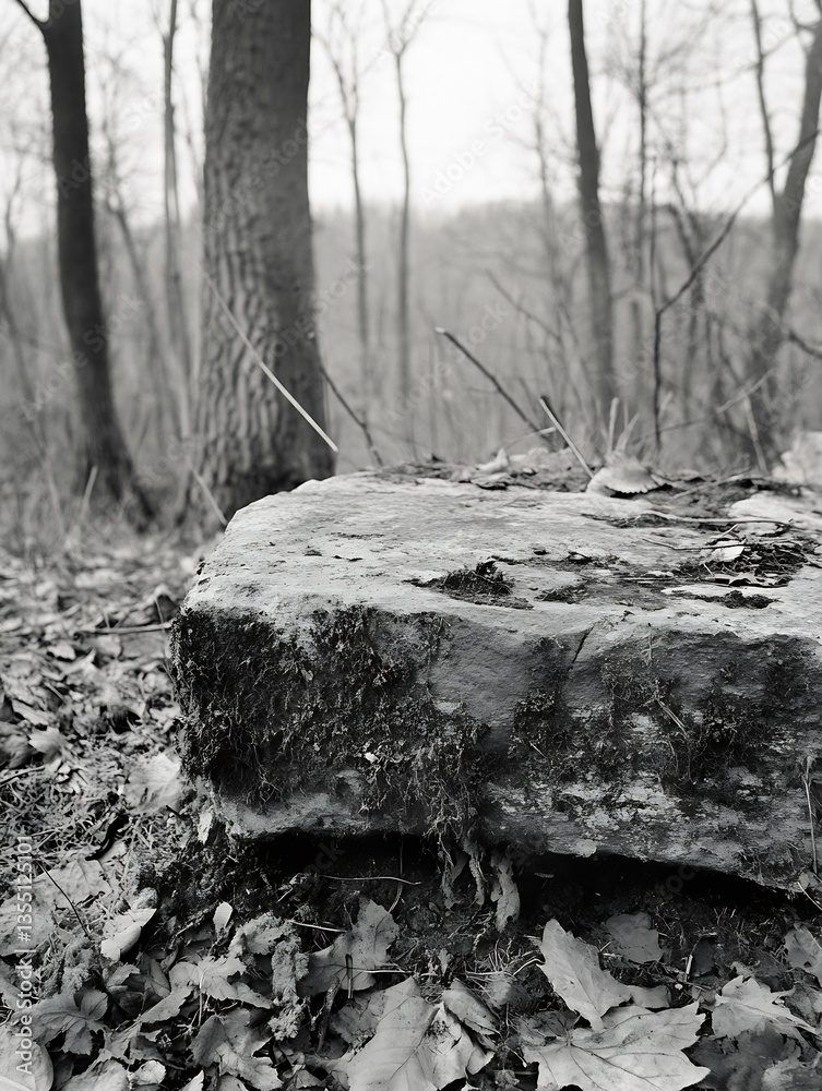 Poster captivating black and white image of a rugged rock surrounded by autumn leaves : generative ai