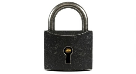 Naklejka premium Secure Padlock on White Background - A sturdy metal padlock, dark grey with a brass keyhole, sits against a clean white backdrop. Symbol of security and protection