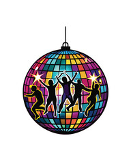 A shimmering disco ball reflects light onto two dancing silhouettes, capturing the vibrant energy of the 1970s disco era.