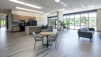 Modern office interior with stylish furniture and large windows letting in natural light : Generative AI