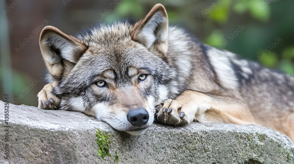 Poster close up of a resting wolf with a thoughtful expression showcasing the beauty of wildlife and nature