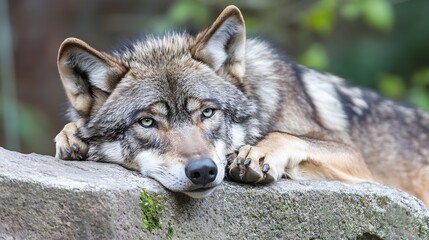 Obraz premium Close up of a resting wolf with a thoughtful expression showcasing the beauty of wildlife and nature : Generative AI