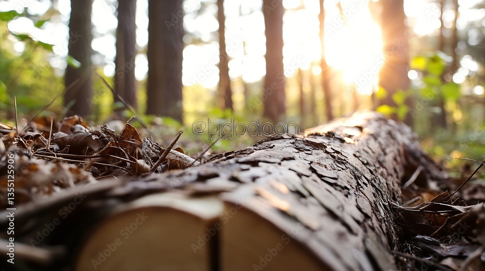 Poster A serene view of a felled log in a sunlit forest creating a peaceful atmosphere and connection with nature : Generative AI