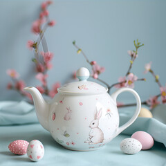 Easter composition with White ceramic teapot, Easter eggs, bunny and spring flowers on white table