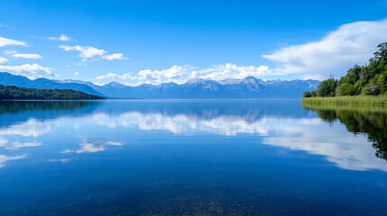 Stunning mountain lake view with crystal clear waters and vibrant blue sky reflecting on the surface : Generative AI