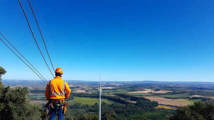 A construction worker observes the final stages of installing a wind turbine rotor blade, with a clear blue sky above and a picturesque countryside below.