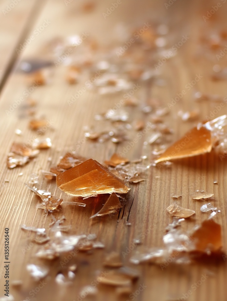 Poster Scattered shards of broken amber glass on a warm wooden surface creating an artistic display : Generative AI