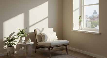 Fototapeta premium Serene Office Nook: Modern Minimalist Design - Peaceful workspace, natural light, minimalist aesthetic, calming ambiance, plant life. Symbolizes tranquility, productivity, nature, simplicity