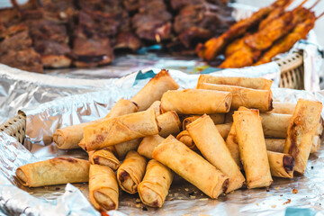Fried thai mini spring rolls, asian street food