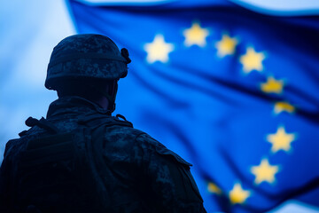 Arming Europe, with the silhouette of a soldier, the European Union flag, and elements of war and geopolitical tensions
