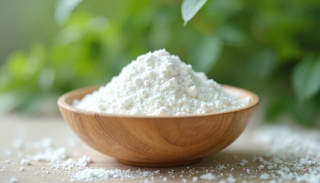 White zinc oxide powder in small wooden bowl. Healthcare, medical supplement product, skincare treatment, cosmetic ingredient. Pharmaceutical, laboratory science concept. Natural background.