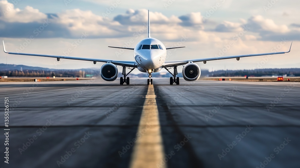 Aufkleber focused view of a modern passenger airplane positioned on the runway ready for takeoff during daylig