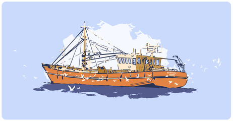 Color vector illustration of fishing ship from side view in North Sea with sea birds
