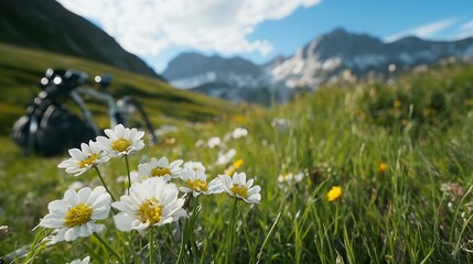 Vibrant white daisies blooming in a lush green meadow with majestic mountains in the background under a bright blue sky : Generative AI