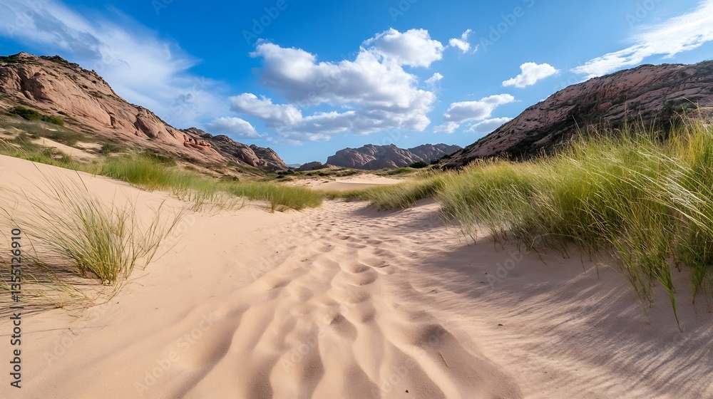 Aufkleber serene desert landscape with rolling sand dunes and blue sky under fluffy clouds : generative ai