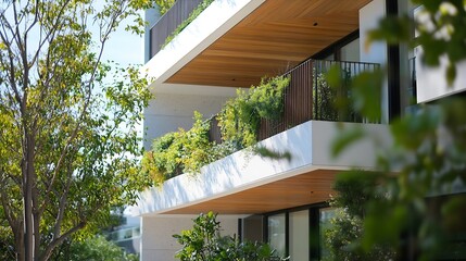 Fototapeta premium Stylish Modern Apartment Balcony with Lush Green Plants and Wooden Fixtures : Generative AI