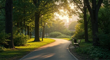 Serene Park Path at Sunrise - A tranquil paved path winds through a lush green park bathed in the warm glow of sunrise. A bench sits invitingly under the shade of trees