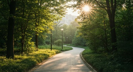 Fototapeta premium Serene Park Path at Sunrise - A sunlit path winds through a lush green park, perfect for a morning stroll or peaceful contemplation