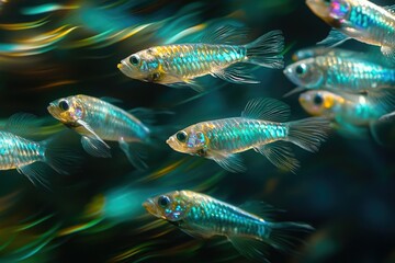 Fototapeta premium A school of iridescent blue and gold fish swim gracefully in a dark aquascape.