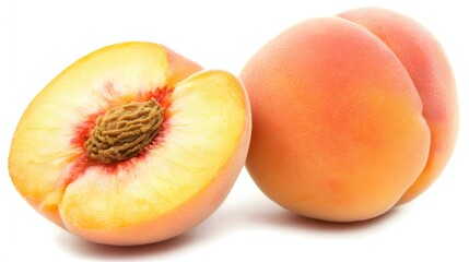 Freshly Cut Juicy Peach Sliced in Half Next to Whole Peach Isolated on White Background