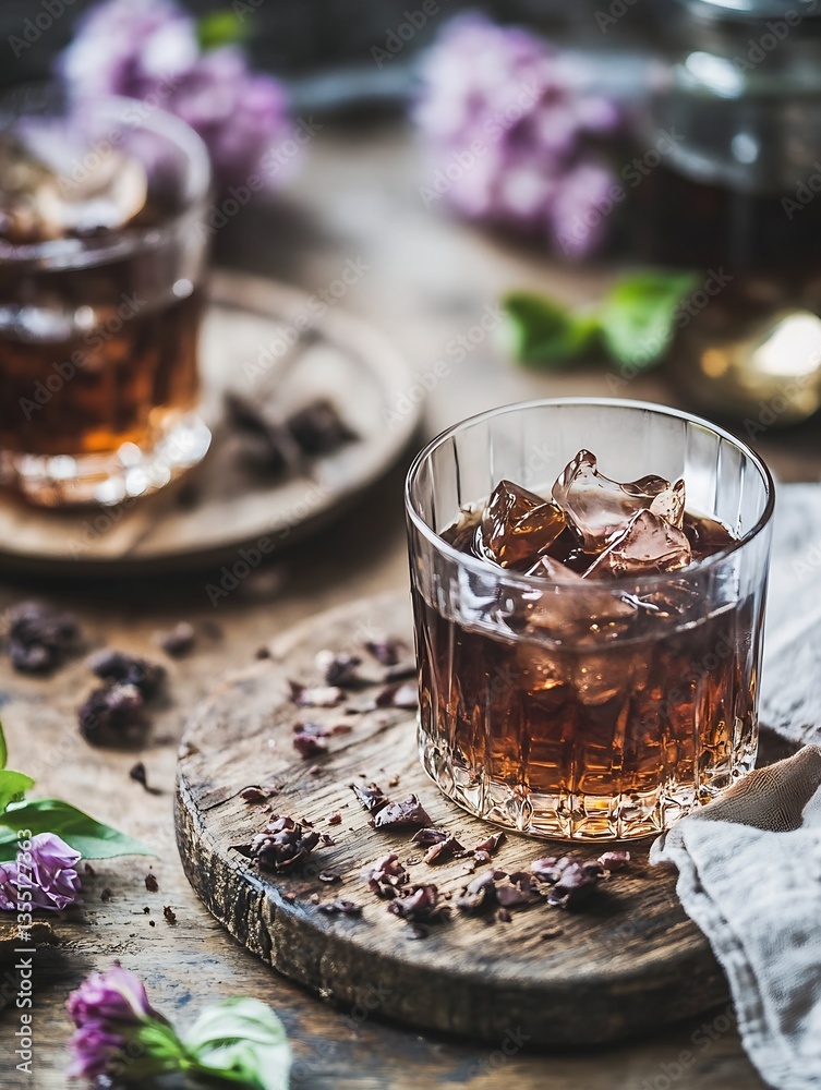 Poster rich dark drink with ice cubes on wooden platter surrounded by nature and flowers creating a cozy se