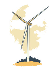 Vector illustration of wind turbine generating green energy in color