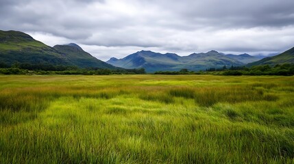 Majestic Highland Landscape with Lush Green Fields and Dramatic Mountains : Generative AI