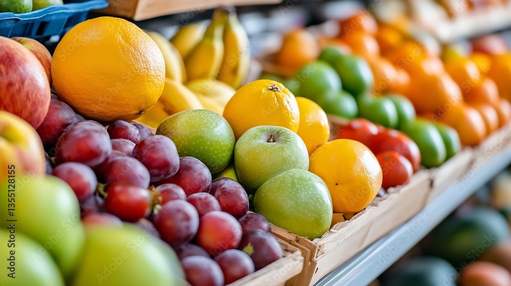 Poster vibrant display of fresh fruits including apples oranges and bananas in a colorful market setting : 
