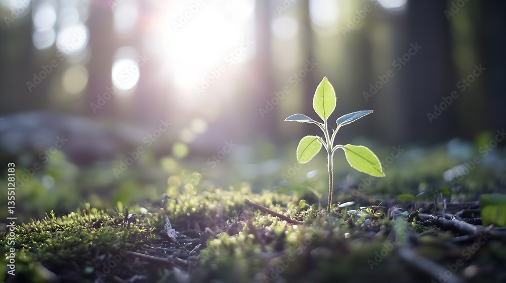 Poster Delicate green sprout emerging from soil in a serene forest setting with soft sunlight filtering through : Generative AI