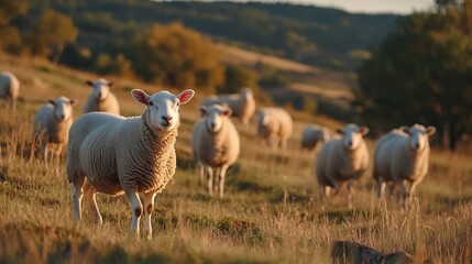 Obraz premium Curious sheep observing the surroundings in a picturesque countryside with lush green fields : Generative AI