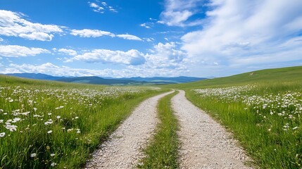 Obraz premium Picturesque dirt road winding through vibrant green fields and blue skies : Generative AI