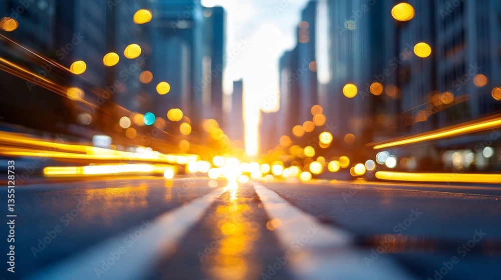 Poster dynamic cityscape view captured from street level showcasing glowing lights and a vibrant sunset : g