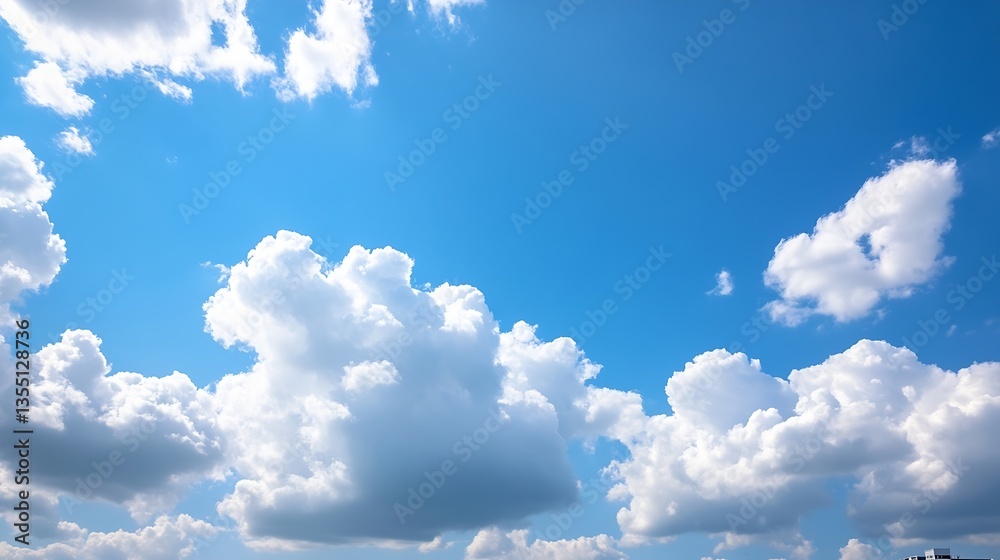 Poster beautiful blue sky with fluffy white clouds basking in the sunlight on a clear day : generative ai