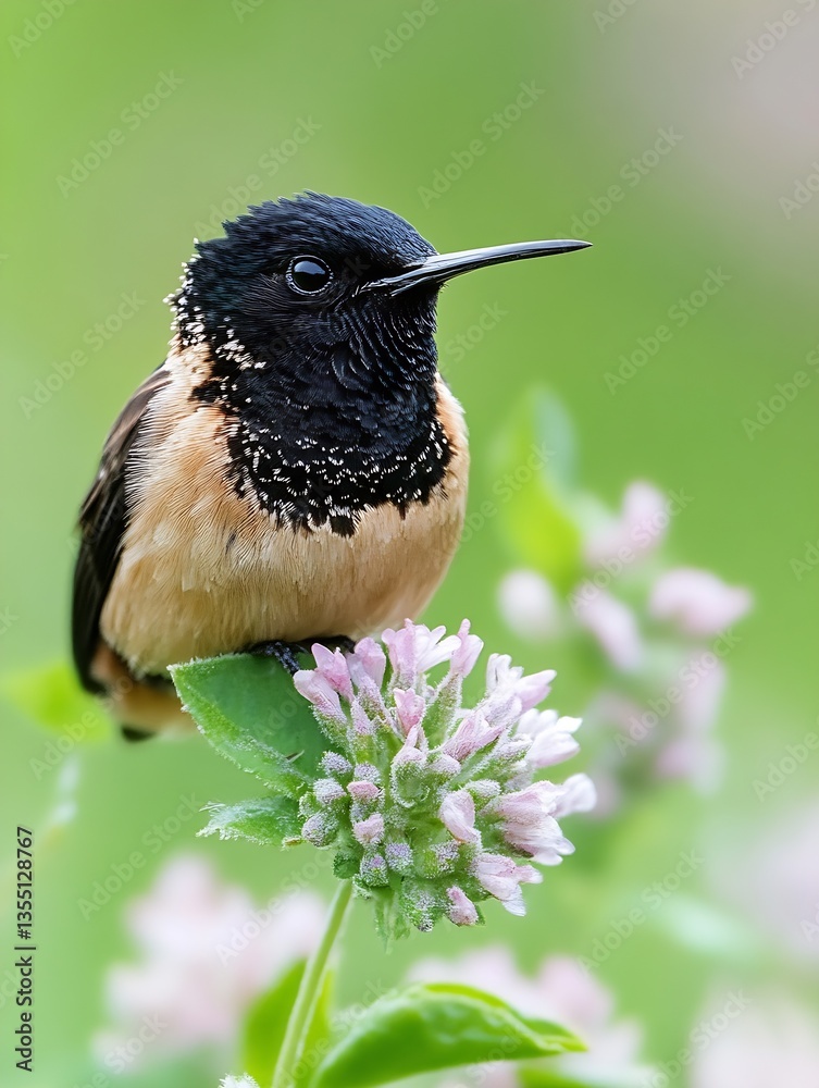 Poster captivating image of a tiny colorful hummingbird perched on delicate flower petals in a vibrant gree