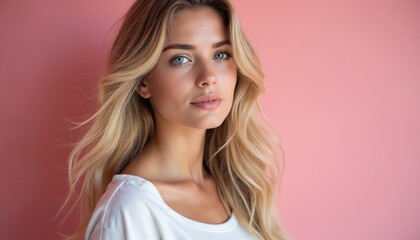 Naklejka premium Young blond woman with blue eyes poses. Confident female portrait on pink background. Natural beauty, elegance, modern style, fresh look. Ideal for beauty, fashion, lifestyle projects.