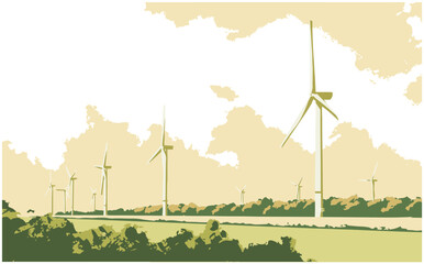 Vector illustration of wind turbines in perspective generating green energy in color
