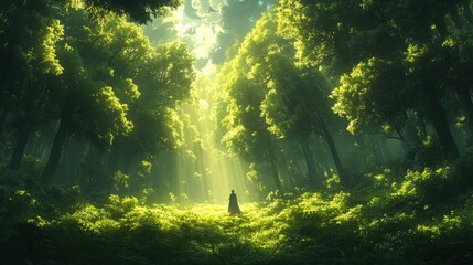 Fototapeta premium Solitary Figure in a Lush Sun Dappled Forest Tranquil Nature Scene