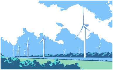 Vector illustration of wind turbines in perspective generating green energy in color