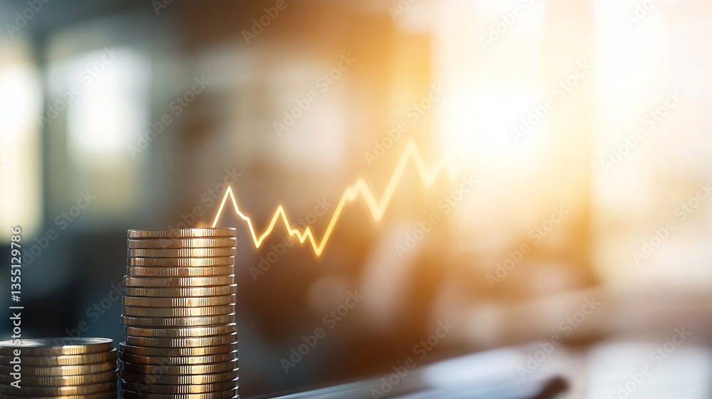 Leinwandbilder Stack of Coins with a Rising Graph Icon Symbolizing Financial Growth and Investment : Generative AI