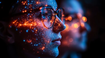 Woman, glowing face, data, city, night, tech, future, concept