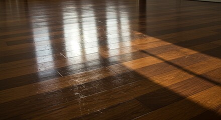 Shiny Hardwood Floor Reflecting Sunlight - Clean, shiny hardwood floor reflecting sunlight, showcasing natural light, eco-friendly cleaning, and warm ambiance. Represents cleanliness, natural beauty