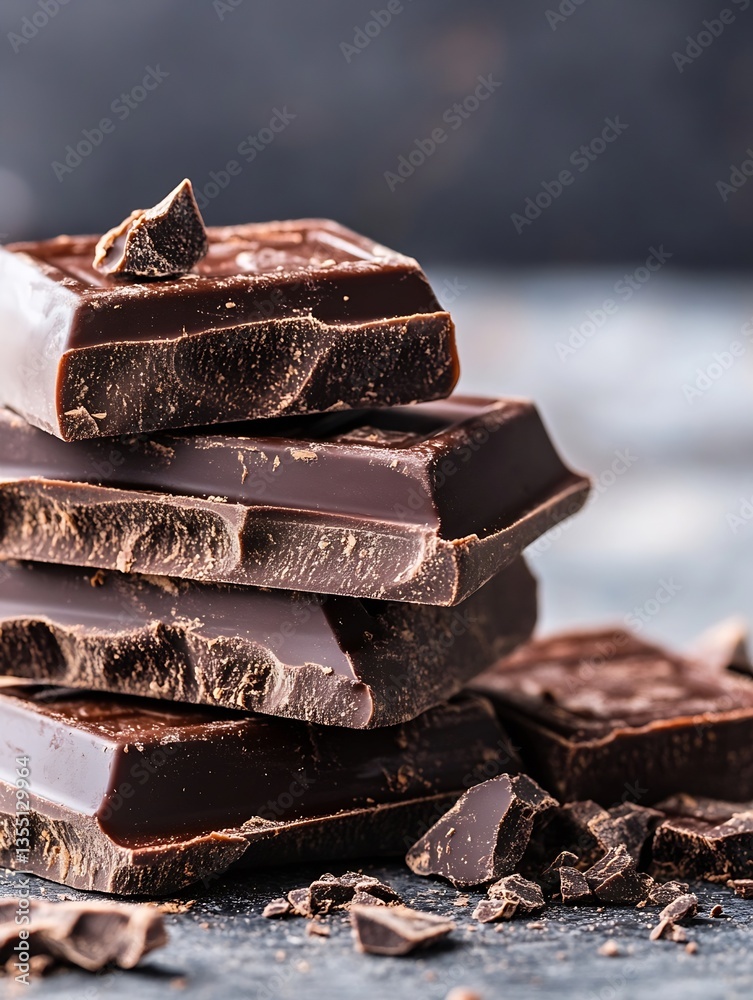 Poster stack of rich dark chocolate bars sitting on a textured surface with a few broken pieces : generativ